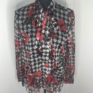 Zara Houndstooth Floral Button Down w. Bow Detail Size L